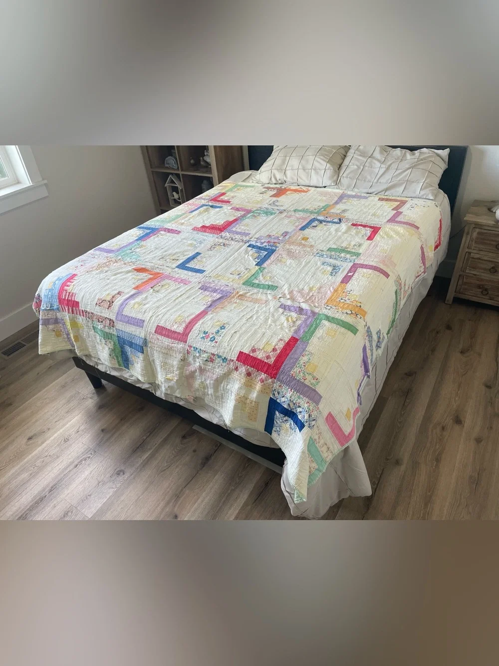Vintage 1930s 40s Feedsack Log Cabin Quilt Hand Quilted Cutter Folk Art